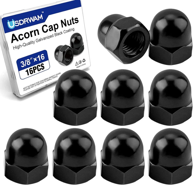 Usdrwam 16Pcs 3/8"-16 Acorn Cap Nuts, Zinc Plating-Black Hex Head Acorn Cap Nuts, Stainless Steel 18-8 (304) Hexagon Dome for Indoor Outdoor - Image 1